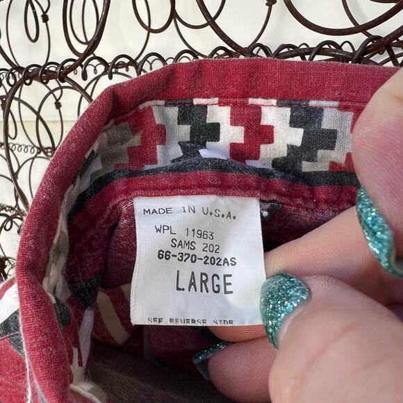 Vintage 90s Karman Aztec Maroon Stripe Southwestern Long Sleeve Button Up Shirt - Picture 6 of 6